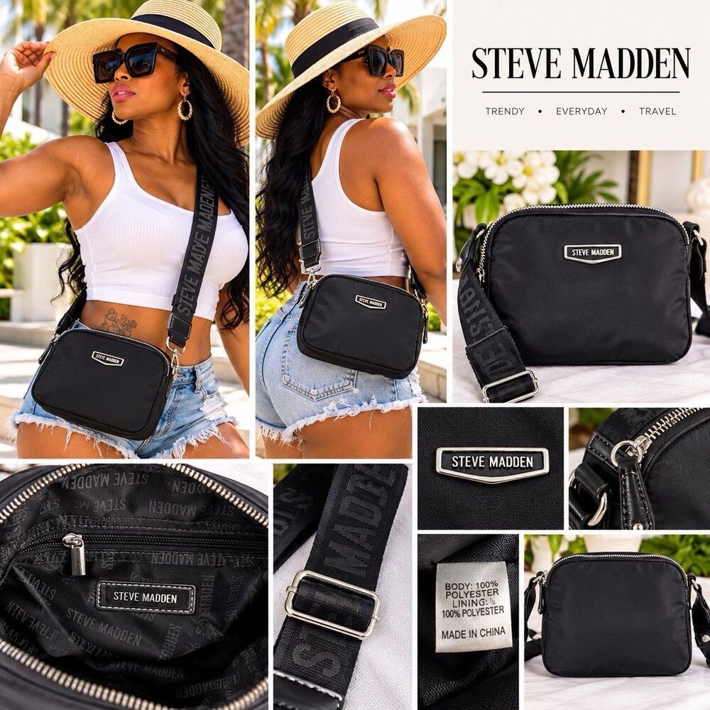 Steve Madden Womens Small Crossbody Bag Logo Strap Zip Closure Y2K Shoulder Pur